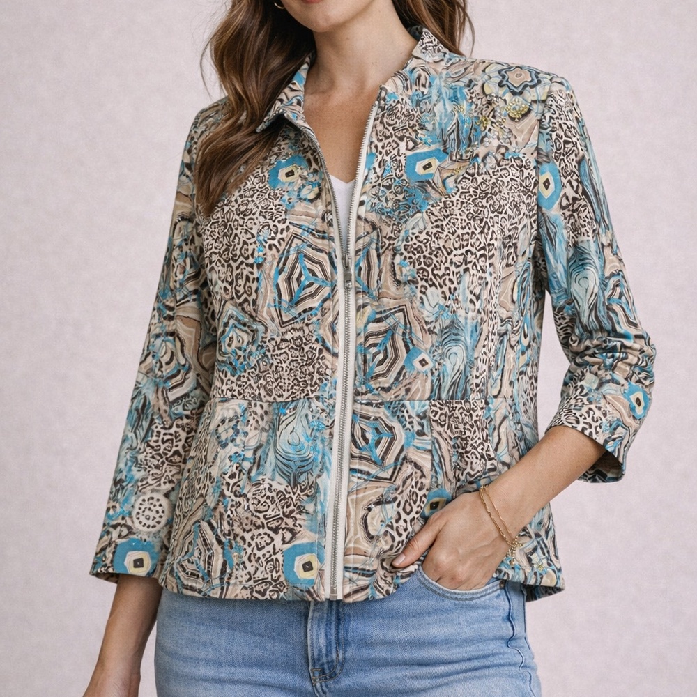 Peck & Peck Weekend Embellished Jacket | Boxy Zip-Up Blazer | Size 16